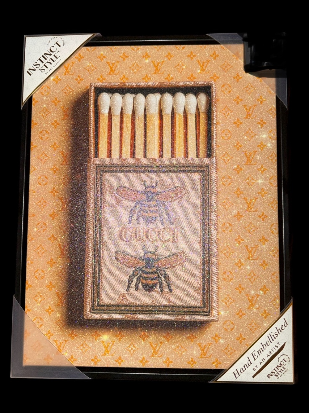 GUCCI Bee Matchbox Canvas Art w/ Yellow Iridescent Louis Vuitton Background